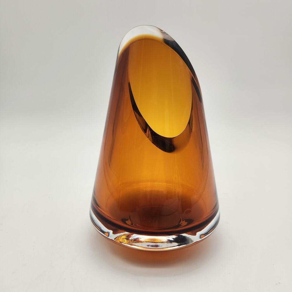 Badash Poland Amber & Clear Art Glass Vase/Candle Holder Handmade Diagonally Cut